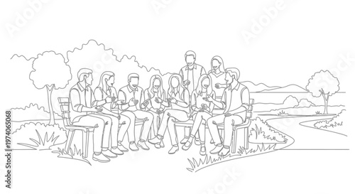Line art illustration of a group of friends sitting and talking together outdoors.