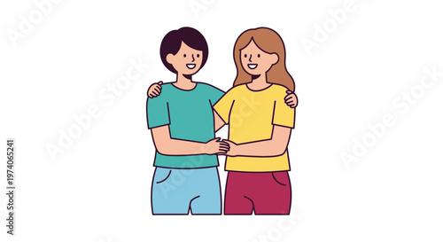 Two happy friends standing together hugging and smiling.