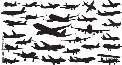 Collection of airplane silhouettes in various flight positions and sizes