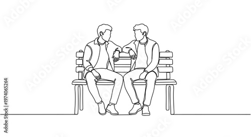 Continuous one line drawing of two men sitting on a park bench talking to each other.