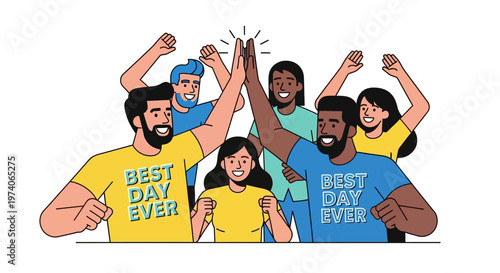 Diverse group of happy friends celebrating success with high fives and cheers.