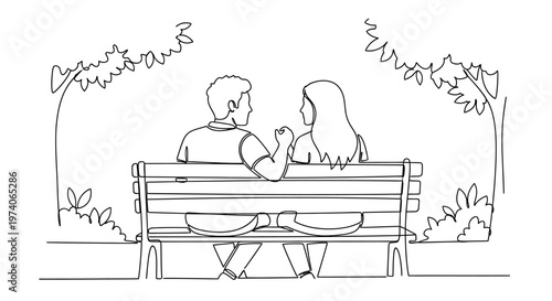 Continuous line drawing of a couple sitting on a park bench.