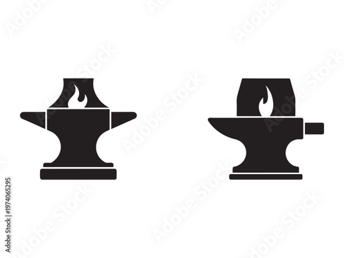Blacksmith anvil silhouettes with flame on top forging tools  icons
