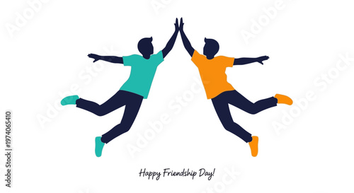 Two happy friends jumping and giving a high five.