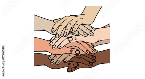 Diverse hands stacked together as a symbol of unity and teamwork.