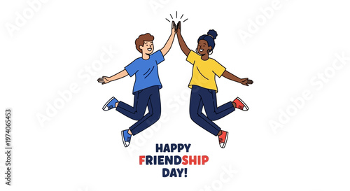 Two diverse friends jumping and high fiving for Happy Friendship Day.