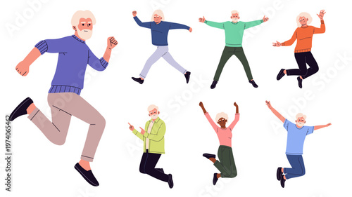 Flat vector illustration set of happy senior people jumping and celebrating in different poses. ideal for retirement life, wellness, healthy aging, community activities, and positive senior living 