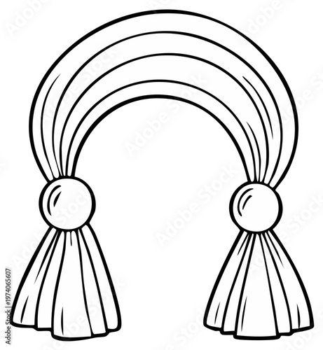 Cartoon line drawing of flowing decorative fabric with hanging tassels
