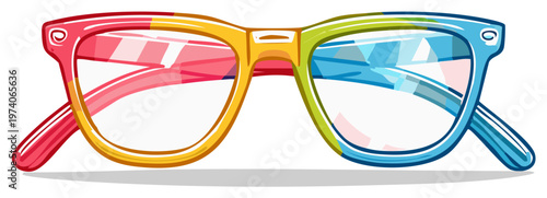 Rainbow Eyeglasses, Colorful Frames, Cartoonish Style Illustration, Fashionable Reading Glasses, Eye Protection, Clear Lenses