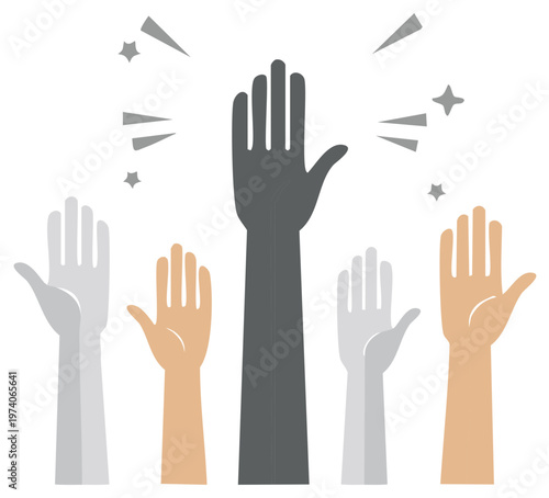 Diverse group of hands raised with one standout volunteer reaching for success