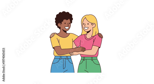 Two diverse female friends embracing and smiling in a friendly cartoon illustration.