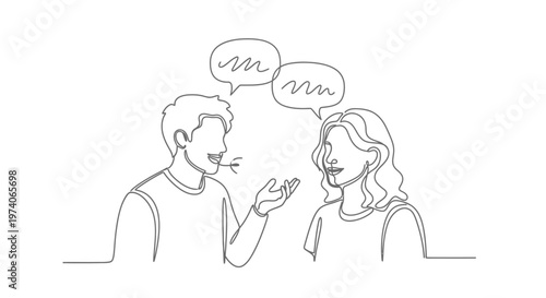 Continuous line drawing of a man and a woman having a conversation.