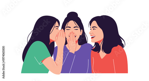 Three young women friends sharing secrets and laughing together.