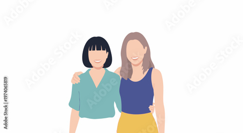Flat vector illustration of two diverse young women standing together as friends.