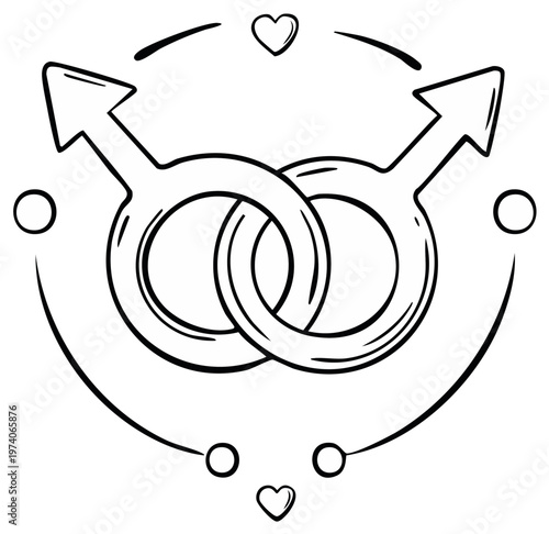 Intertwined male symbols and hearts in a simple line drawing for LGBTQ+ representation