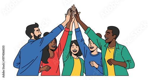 Diverse group of happy young people high fiving together.