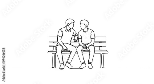 Continuous line drawing of two young men sitting on a park bench talking.