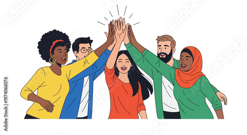 Diverse group of happy young people giving a high five together.