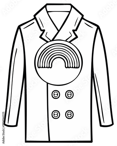 Coat outline with rainbow emblem, outerwear illustration, flat design fashion icon, jacket vector