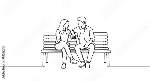 Continuous line drawing of a young couple sitting on a bench together.