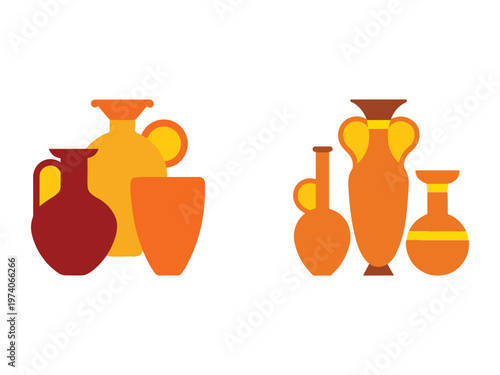 Colorful clay pottery vases and bowls in orange yellow and red hues on white background