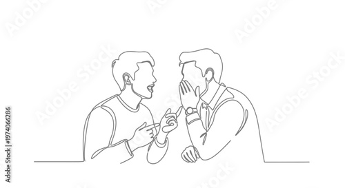 Continuous line drawing of two men talking and whispering a secret.