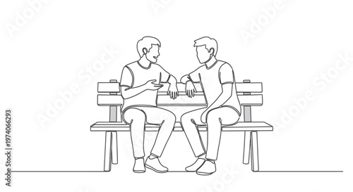 Continuous line drawing of two young men sitting on a park bench talking to each other.