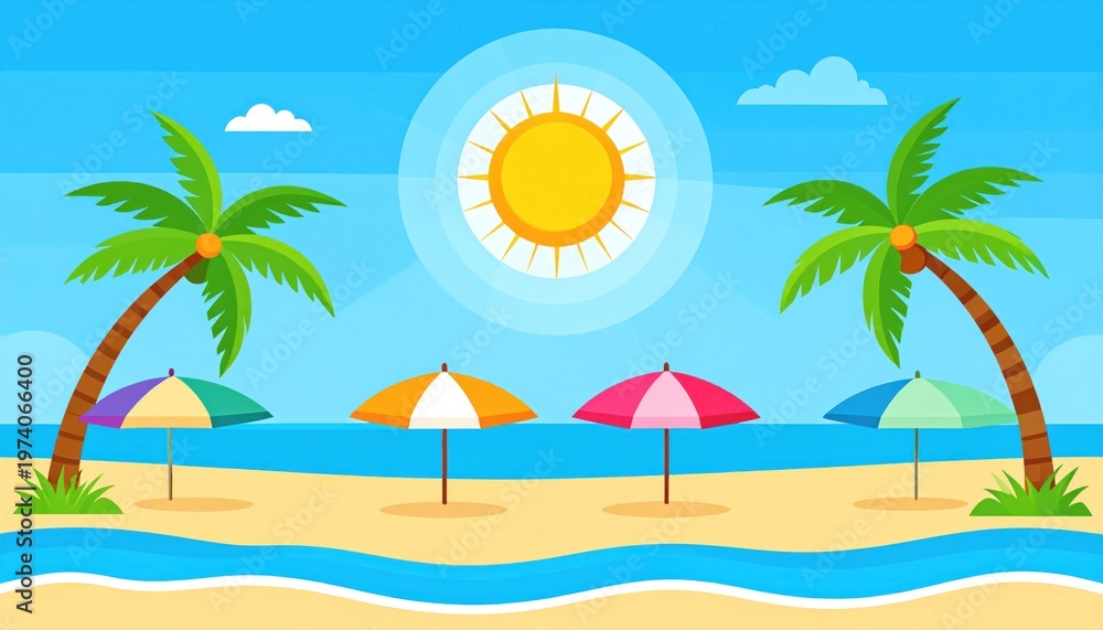 Obraz premium Animated beach scene with palm trees, sun umbrellas, and ocean waves