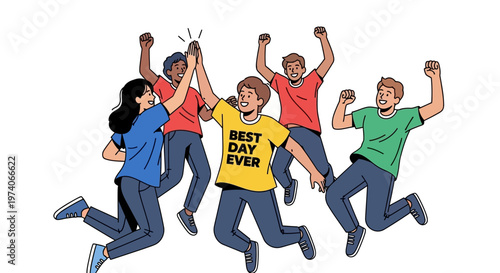 Group of diverse friends jumping in excitement with hands raised high.