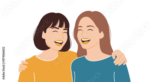 Two happy young women laughing together as best friends.