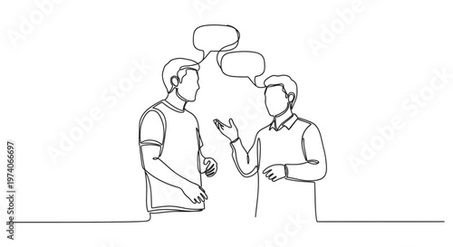 Continuous line drawing of two men talking with speech bubbles.