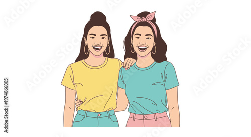 Two cheerful young women best friends hugging and laughing together.