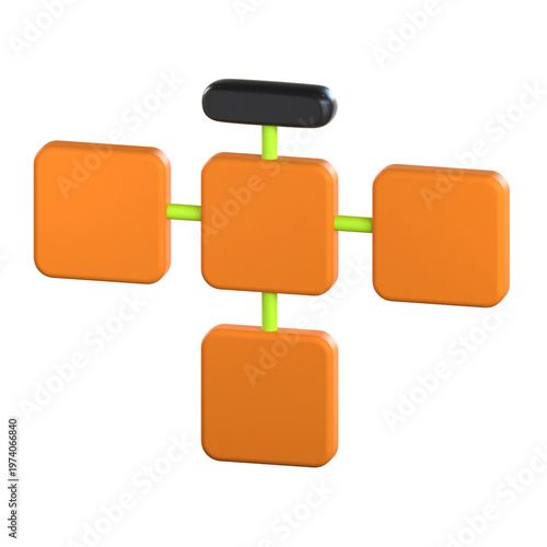 3D representation of a hierarchical structure or network flow connecting multiple orange blocks
