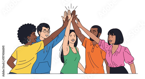 Diverse group of young people celebrating success with high five.