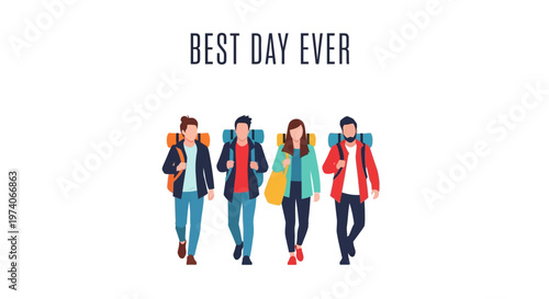 Group of young friends walking with backpacks and travel gear.