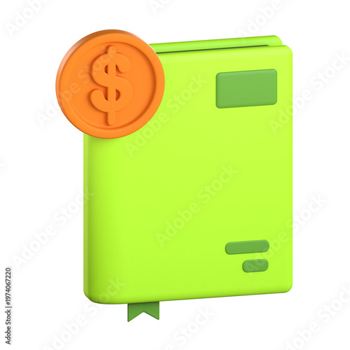 Creative 3D icon of a notebook or book with a dollar coin symbol representing paid content and publishing industry revenue