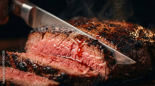 Sliced medium-rare steak with steam rising in a dark setting  