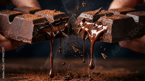 Dark chocolate bar being broken with melted chocolate dripping  