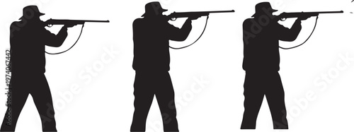 Black silhouette hunter icons, shooting man vector graphics, hunting illustrations, rifle silhouettes