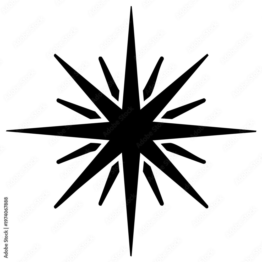 Obraz premium Black starburst compass rose or North Star symbol. Graphic vector icon for navigation and celestial guidance.