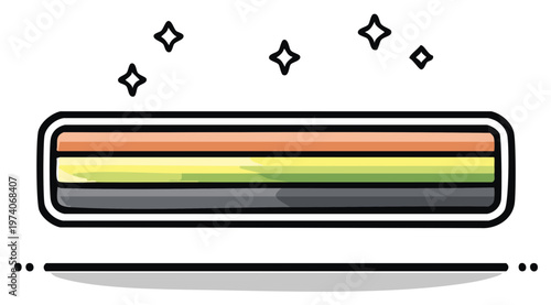 Hand drawn graphic of a rainbow pride flag with sparkles above.