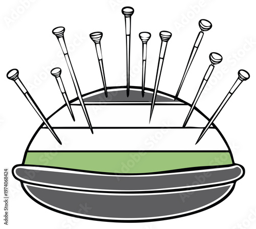 Many sewing pins stuck in a pincushion illustration