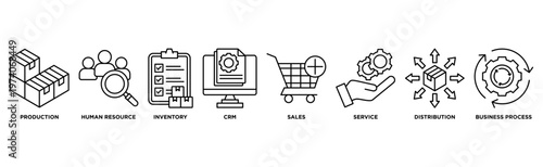 Enterprise resource planning banner web icon set vector symbol illustration concept with icon of production, human resources, inventory, crm, sales, service, distribution, business process