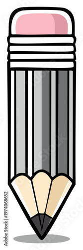 Gray striped pencil with pink eraser stationery tool for drawing writing educational material flat illustration