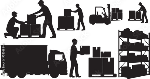 Warehouse Workers, Logistics Icons, Shipping Silhouettes, Black Vector Set