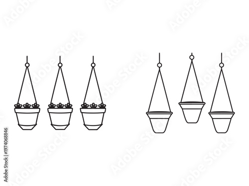Hanging plant pots with and without plants in a line vector illustration for gardening and home decor ideas  simple black and white line art