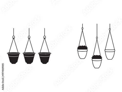 Hanging plant pots with soil and empty planters in a simple line art style for gardening and decoration concepts  various empty and filled hanging baskets