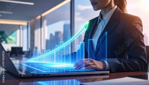 Businesswoman working on laptop with glowing stock market chart indicating growth and success in modern office setting
