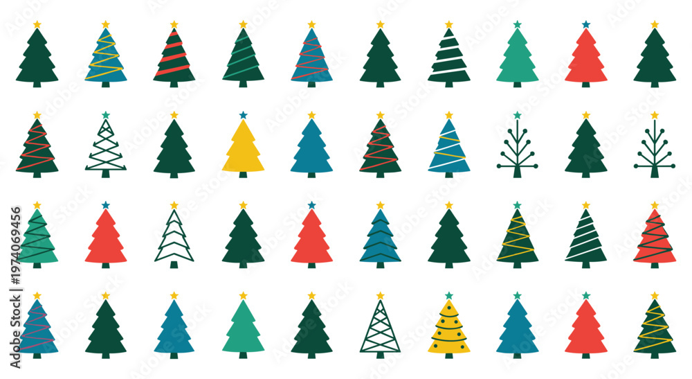 Obraz premium Big collection of various Christmas trees, featuring different shapes, colors, and decorations. Includes traditional, modern,
