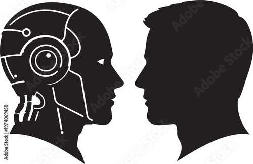 A striking silhouette depicts a human face confronting a robotic cybernetic head profile